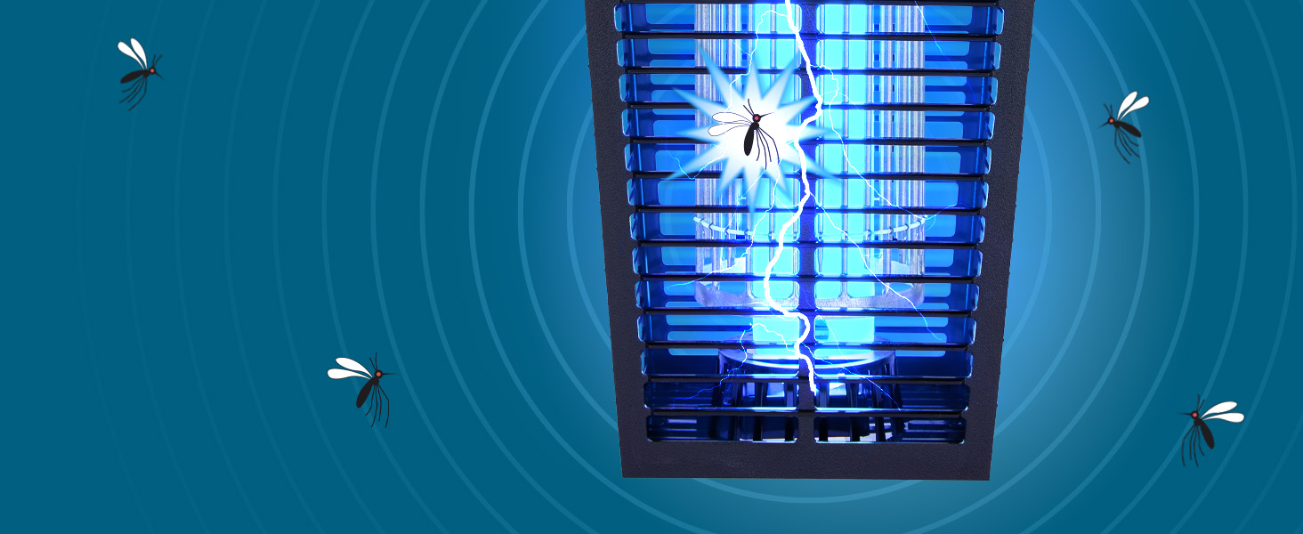 Closeup of bug zapper&#39;s electrified grid zapping a bug with other bugs flying around