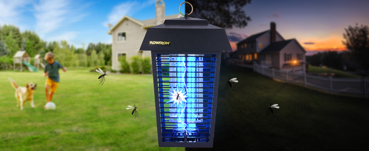 Bug zapper with bright blue light with a split background showing outside during night and day