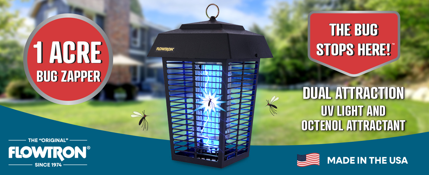 Bug zapper with bright blue light in front of big house and backyard with bugs flying around