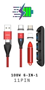 11pin aporia 6 in 1 magnetic charging cable red type c usb micro