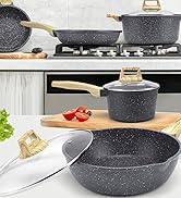 Pots and Pans Set Non Stick - White Granite Kitchen Cookware Sets, 10 Pcs Nonstick Induction...