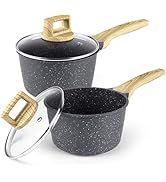 1.5Qt & 2.5Qt Sauce Pan Set with Lid Nonstick - Grey Granite Non Stick Saucepan 4Pcs Sauce P...