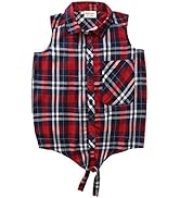 Big Girls Sleeveless Woven Plaid Button Down Shirts with Collar Red Black Navy Color
