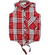 Big Girls Sleeveless Woven Plaid Button Down Shirts with Collar Red Black Navy Color