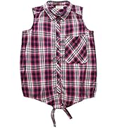 Big Girls Sleeveless Woven Plaid Button Down Shirts with Collar Red Black Navy Color