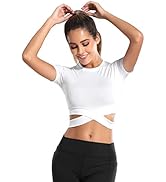 DREAM SLIM Short Sleeve Crop Tops for Women Tummy Cross Fitted Yoga Running Shirts Gym Workout Cr...