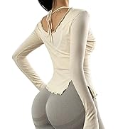 DREAM SLIM Womens Long Sleeve Workout Shirts Slim Fit Ribbed Yoga Tops Lettuce Trim Running Sport...