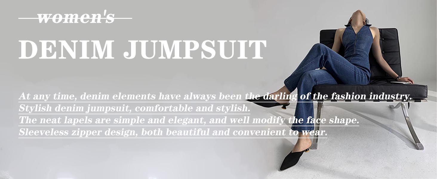 Denim Jumpsuit for Women Sexy Slim Fit Zipper Sleeveless V-Neck High Waist Fashion Jean Rompers