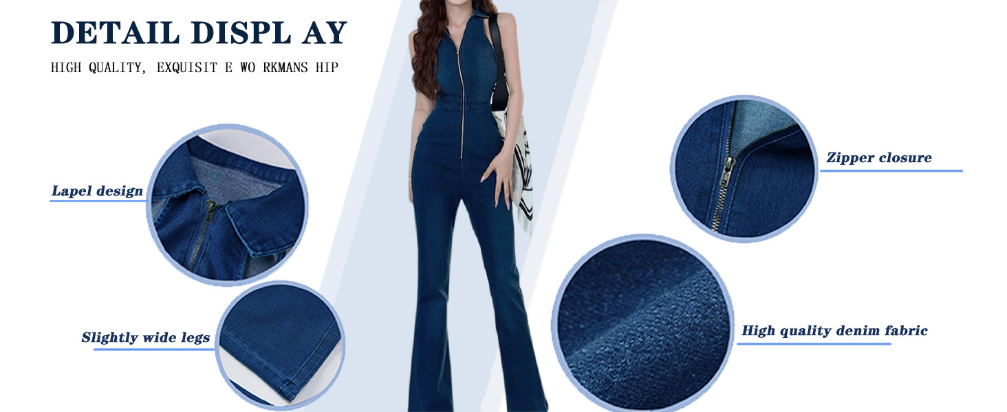 Denim Jumpsuit for Women Sexy Slim Fit Zipper Sleeveless V-Neck High Waist Fashion Jean Rompers