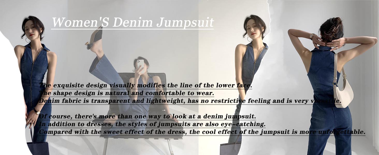 Denim Jumpsuit for Women Sexy Slim Fit Zipper Sleeveless V-Neck High Waist Fashion Jean Rompers