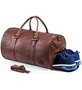 Leather Travel Bag with Shoe Pouch, Waterproof Weekender Overnight Bag, Large Carry On Duffel Bag...