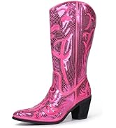 Hawkwell Women's Sequin Mid Calf Western Cowboy Boots High Fashion Pull On Zipper Pointed Toe Emb...