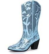 Hawkwell Women's Sequin Mid Calf Western Cowboy Boots High Fashion Pull On Zipper Pointed Toe Emb...