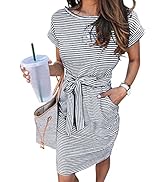 Arolina Womens Summer Short Sleeve Striped T Shirt Dress Casual Midi Dresses Crewneck Tie Waist w...