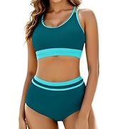 Arolina Women's High Waisted Bikini Sets Cheeky Two Piece Swimsuits Color Block Sporty Bathing Su...