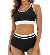 Arolina Women's High Waisted Bikini Sets Cheeky Two Piece Swimsuits Color Block Sporty Bathing Su...