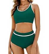 Arolina Women's High Waisted Bikini Sets Cheeky Two Piece Swimsuits Color Block Sporty Bathing Su...