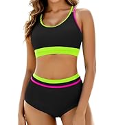 Arolina Women's High Waisted Bikini Sets Cheeky Two Piece Swimsuits Color Block Sporty Bathing Su...