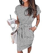 Arolina Womens Summer Short Sleeve Striped T Shirt Dress Casual Midi Dresses Crewneck Tie Waist w...