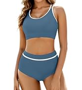 Arolina Women's High Waisted Bikini Sets Cheeky Two Piece Swimsuits Color Block Sporty Bathing Su...