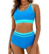 Arolina Women's High Waisted Bikini Sets Cheeky Two Piece Swimsuits Color Block Sporty Bathing Su...