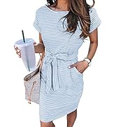 Arolina Womens Summer Short Sleeve Striped T Shirt Dress Casual Midi Dresses Crewneck Tie Waist w...