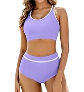 Arolina Women's High Waisted Bikini Sets Cheeky Two Piece Swimsuits Color Block Sporty Bathing Su...