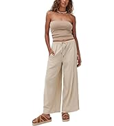 Faleave Women's Linen Palazzo Pants Summer Wide Leg High Waist Casual Lounge Pant Trousers with P...
