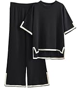 Faleave Womens Knit 2 Piece Sweater Sets Short Sleeve Pullover Tops Elastic Waist Wide Leg Pants ...