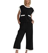 Faleave Women's 2 Piece Summer Lounge Set Outfit Short Sleeve Pullover Tops Wide Leg Long Pants T...