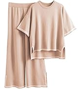 Faleave Womens Knit 2 Piece Sweater Sets Short Sleeve Pullover Tops Elastic Waist Wide Leg Pants ...