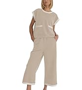 Faleave Women's 2 Piece Summer Lounge Set Outfit Short Sleeve Pullover Tops Wide Leg Long Pants T...