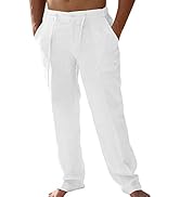 PASLTER Mens Casual Linen Pants Loose Fit Elastic Drawstring Waist Straight-Legs Summer Yoga Beac...