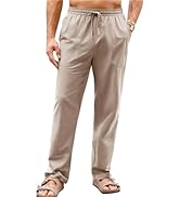PASLTER Men's Cotton Linen Pants Elastic Waist Drawstring Casual Trouser Lightweight Straight-Leg...