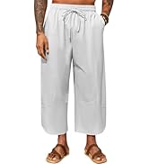 PASLTER Mens Cotton Linen Capri Pants Casual Drawstring Elastic Waist Baggy Harem Beach Yoga Pants