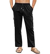 PASLTER Mens Linen Cargo Pants Lightweight Elastic Waist Drawstring Casual Loose Summer Beach Yog...