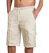 PASLTER Mens Cotton Linen Shorts Casual Elastic Waist Drawstring Lightweight Summer Beach Cargo S...