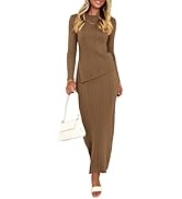 PRETTYGARDEN Women 2 Piece Outfits Long Sleeve Asymmetric Slit Hem Tops Midi Bodycon Skirt Sets L...