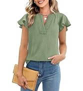 PRETTYGARDEN Womens Summer Tops 2025 Casual Ruffle Sleeve Pleated V Neck Shirts Dressy Swiss Dot ...