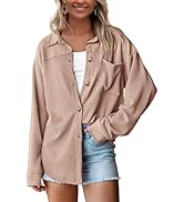 PRETTYGARDEN Women's Tops Button Down Shirts Spring Long Sleeve Shacket Jacket Loose Ribbed Knit ...
