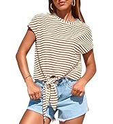 PRETTYGARDEN Womens Tops 2025 Cute Summer Cap Sleeve Crewneck Tie Knot Striped Shirts Casual Loos...