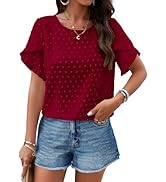 PRETTYGARDEN Women's Tops 2025 Summer Ruffle Short Sleeve Crewneck Blouses Swiss Dots Solid Loose...