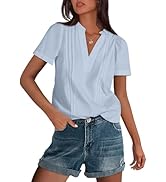 PRETTYGARDEN Women's Summer Tops 2025 Casual Short Sleeve V Neck Cotton Shirts Dressy Pleated Bas...