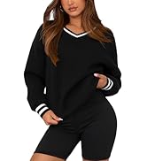 PRETTYGARDEN Women's Oversized Sweatshirts Casual Long Sleeve Stripes Knit V Neck Pullover Top Sp...