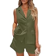 PRETTYGARDEN Women Summer 2 Piece Outfits 2025 Casual Lapel V Neck Button Down Vest Shorts Set Bu...