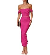 PRETTYGARDEN Women Sexy Two Piece Outfits Summer Off Shoulder Ruched Bodycon Mesh Cocktail Club S...