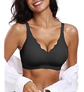 OEAK Womens Comfortable Wireless Bras Push Up Seamless Bralettes Soft V Neck Brassiere Scalloped ...