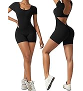 OEAK Short Sleeve Jumpsuit Workout for Women Square Neck One Piece Backless Tummy Control Bodycon...