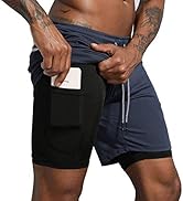 Leidowei Men's 2 in 1 Workout Running Shorts Lightweight Training Yoga Gym 7" Short with Zipper P...