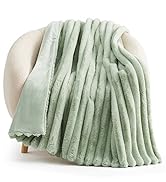 Sage Green Striped Faux Fur Throw Blanket  for Couch, Cozy Warm Plush for Sofa Bedroom Living Room
